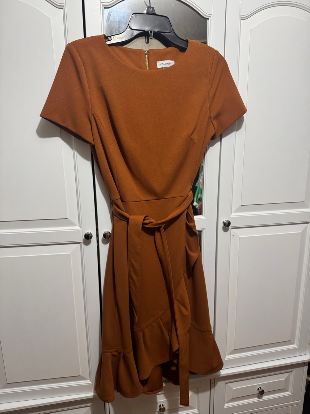 Calvin Klein Rust Belted Ruffle-Hem Midi Dress